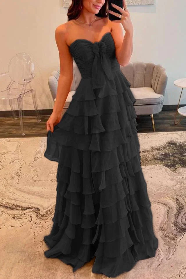 Slit Fuchsia Sweetheart Tiered Ruffles Chiffon A Line Prom Dress