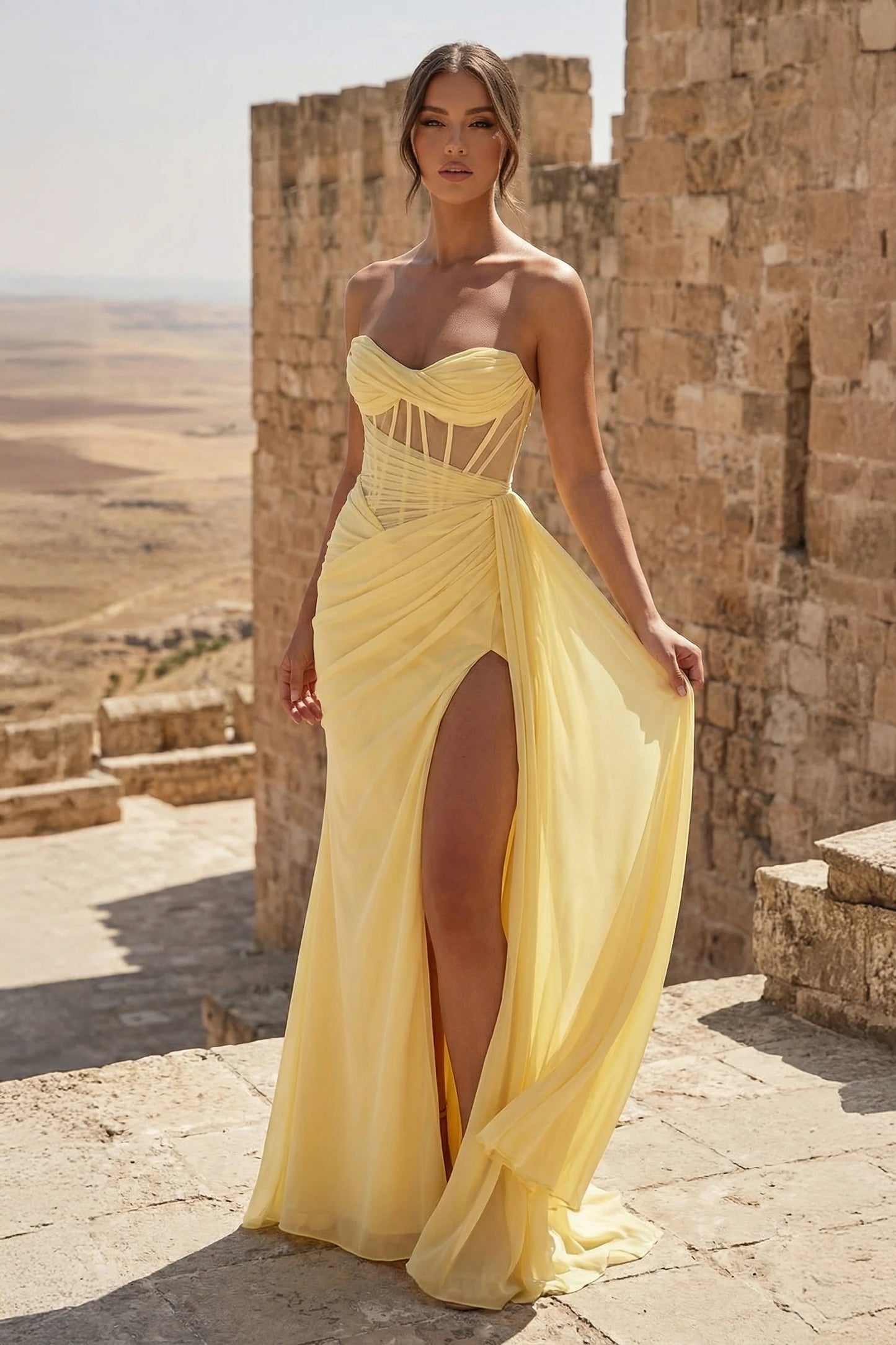 Yellow Slit Strapless Sheath Pleated Long Mermaid Prom Dress