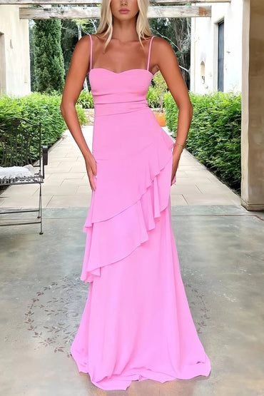 Pink Sheath Spaghetti Straps Chiffon with Ruffles Long A Line Prom Dress