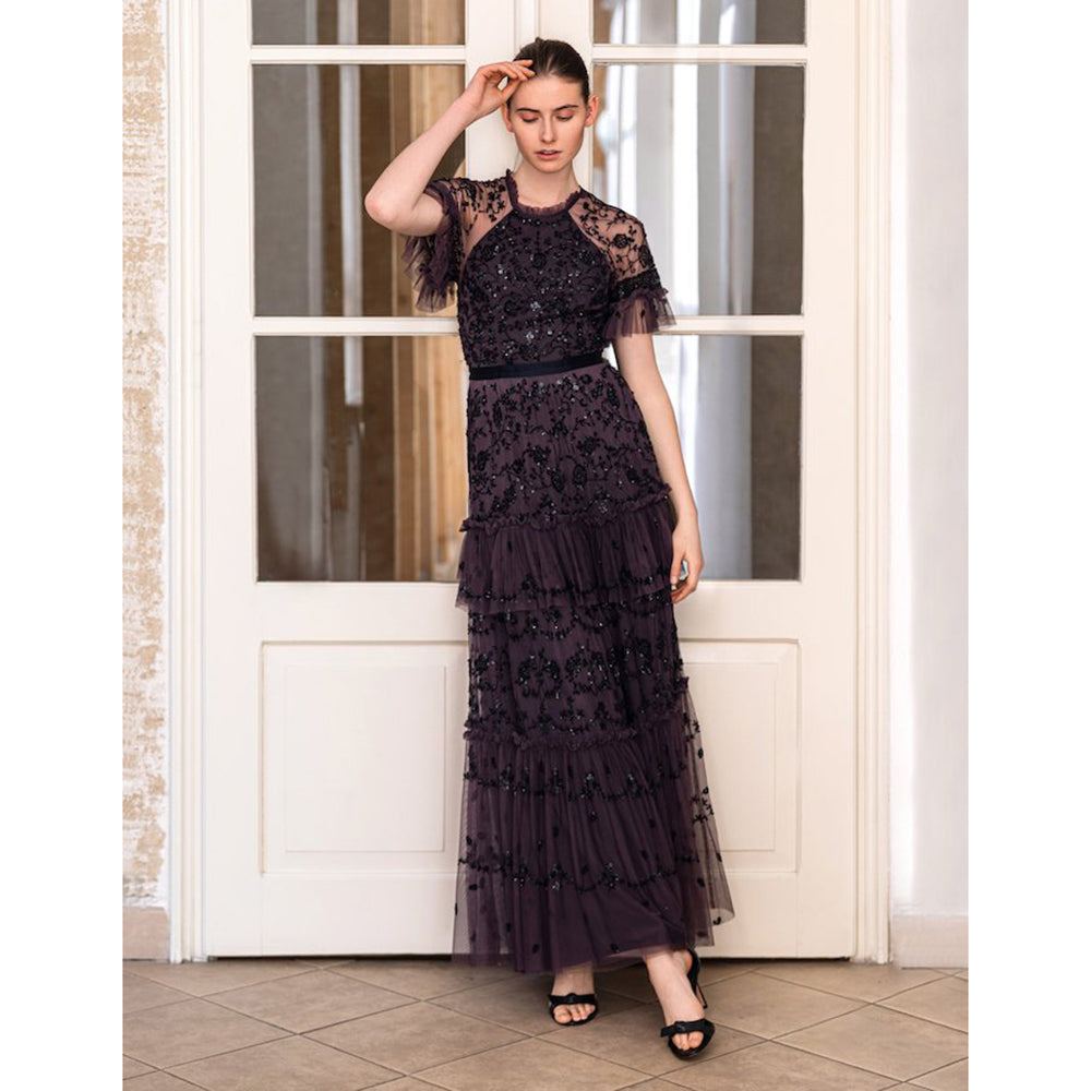 O Neck Flare Sleeves Full Lace Tiered Sheath Gothic Black Mermaid Wedding Dress