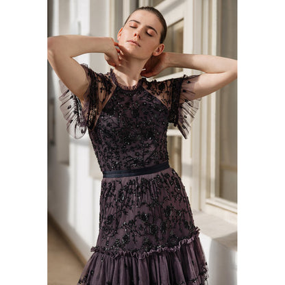 O Neck Flare Sleeves Full Lace Tiered Sheath Gothic Black Mermaid Wedding Dress