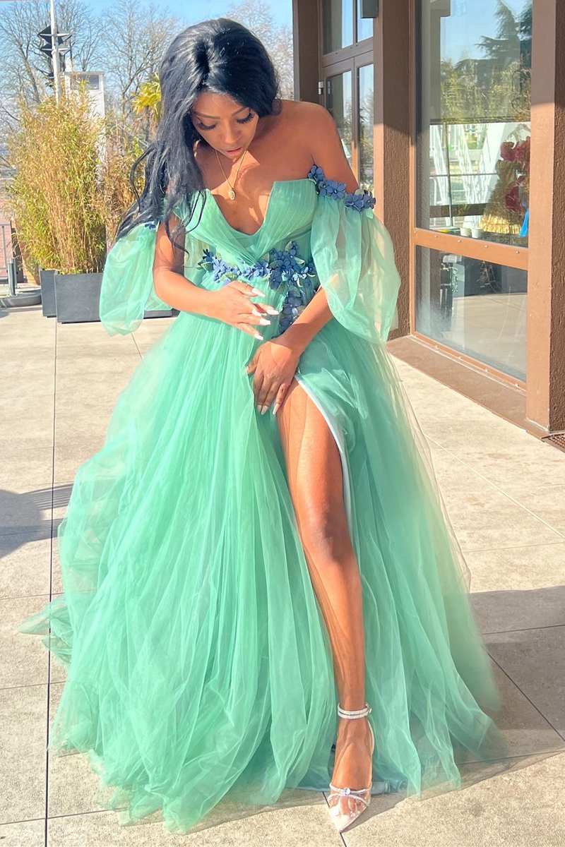 Roycebridal Whitley | Green Tulle 3D Floral Lace Off-the-Shoulder A-Line Long Prom Dress