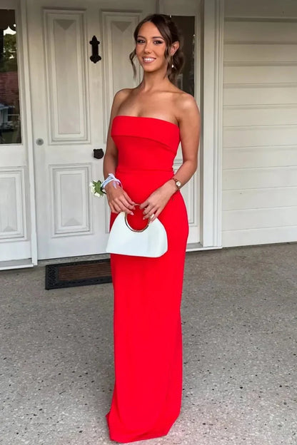 Red Strapless Sheath Satin Pleated Long Formal Mermaid Prom Dress