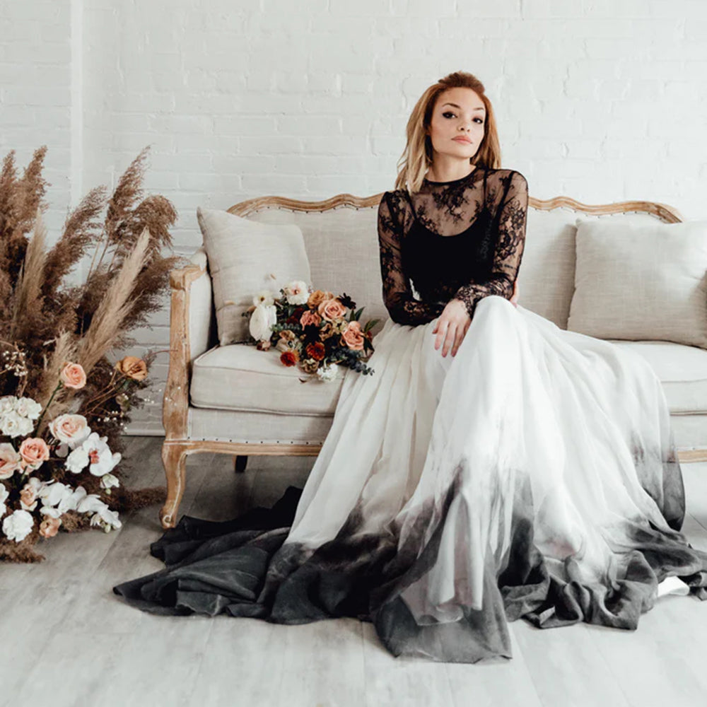 O Neck Long Sleeve Lace Top Bow Back A Line Gothic Black Wedding Dress