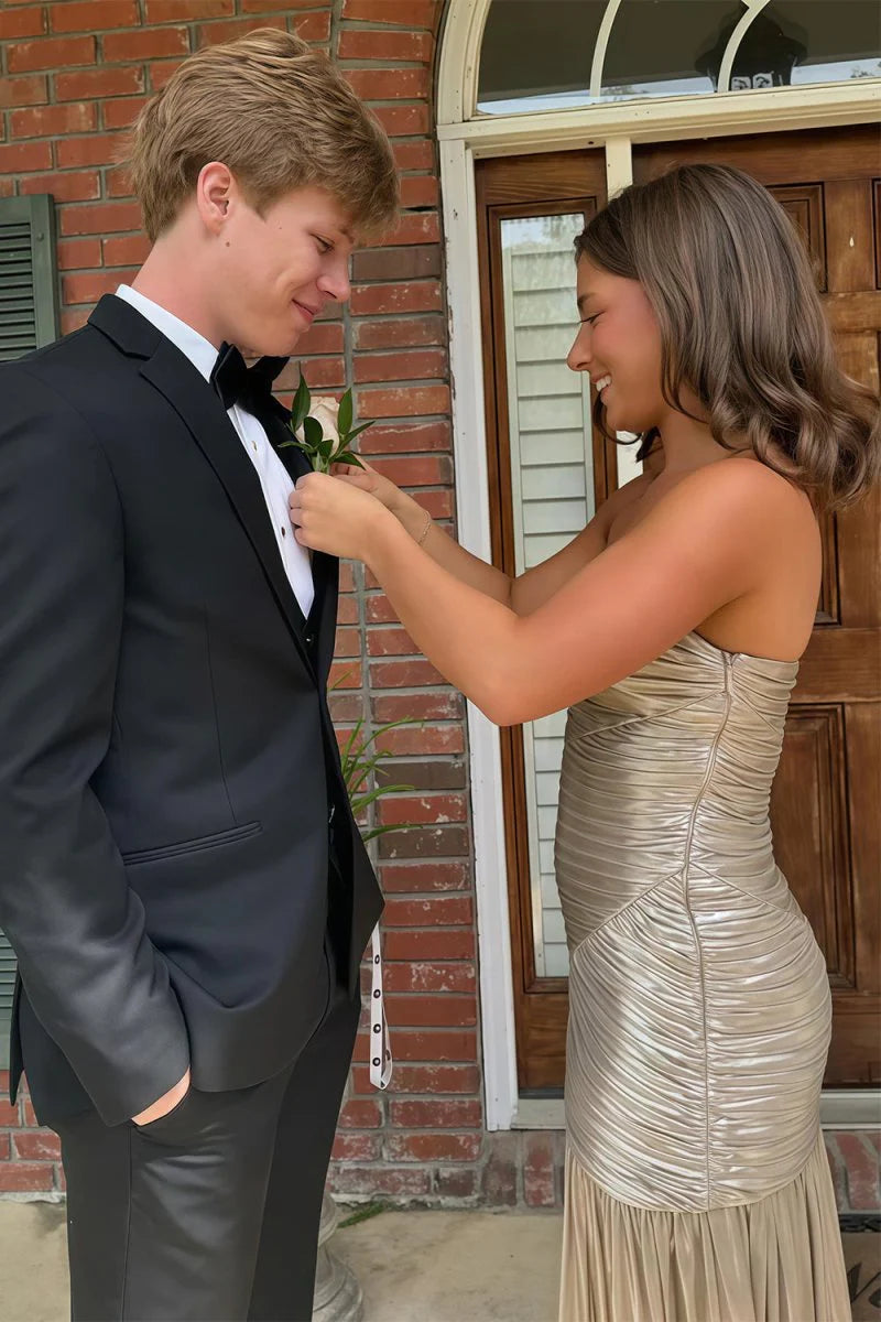 Champagne Strapless Metallic Pleat Long Mermaid Prom Dress