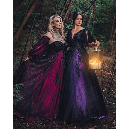 Sexy Sweetheart Neck Off the Shoulder Long Sleeve Open Back Lace  Appliques Tulle Rose Red A Line Gothic Black Wedding Dress