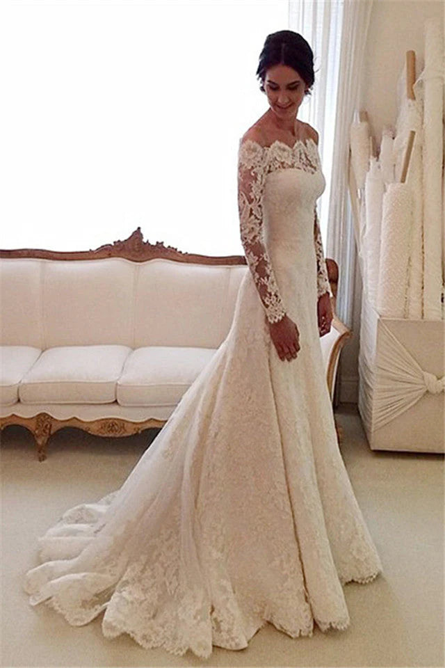 Ivory Long Sleeve Off Shoulder Lace Mermaid Wedding Dress Custom Made Customized
