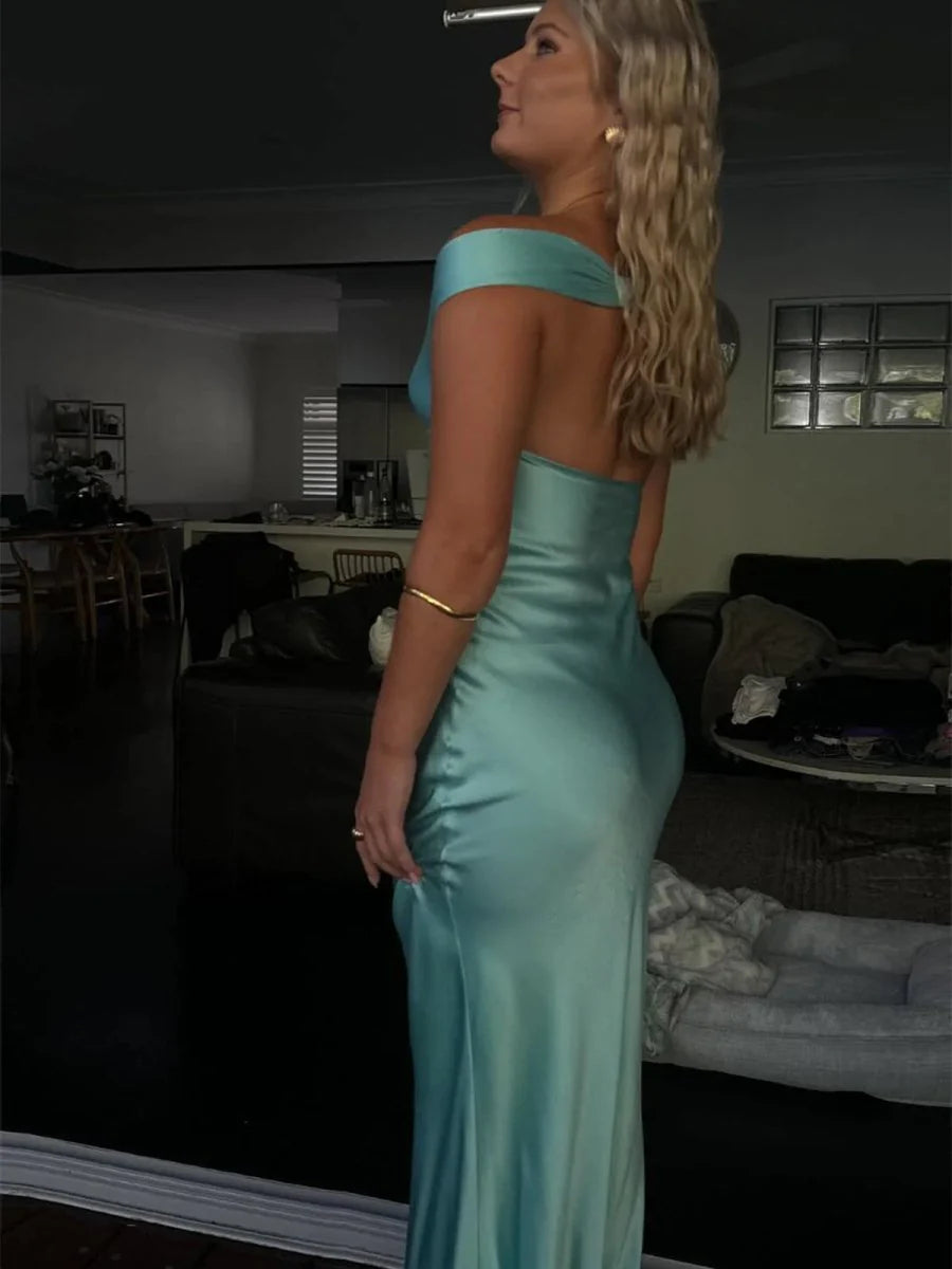 Aqua Off The Shoulder Satin Long Mermaid Prom Dress