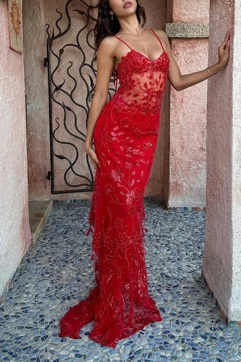 Red Spaghetti Straps Sequined Lace Long Formal Mermaid Prom Dress