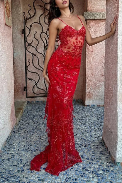 Red Spaghetti Straps Sequined Lace Long Formal Mermaid Prom Dress