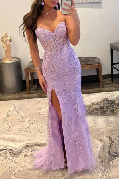 Slit Strapless Corset Lace Mermaid Prom Dress