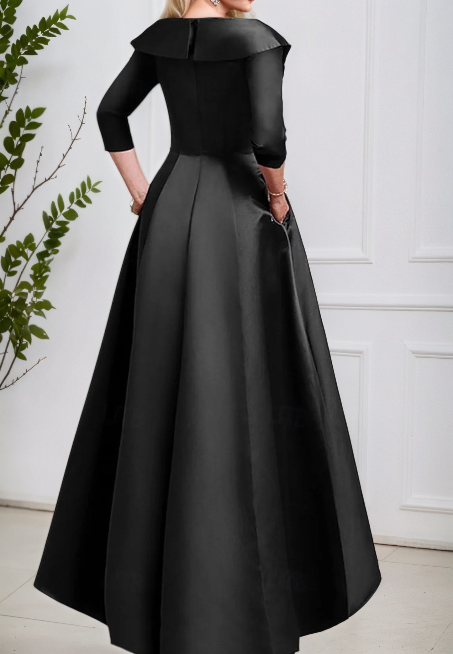 V Neck Pocket Satin with Beading Appliques A Line Formal Evening Dress
