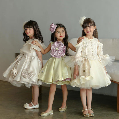 Roycebridal Elegant Beige Girl Dresses Handmade Flowers with Headgear for Kids Wedding Birthday Holiday Party Gown 2025 J104