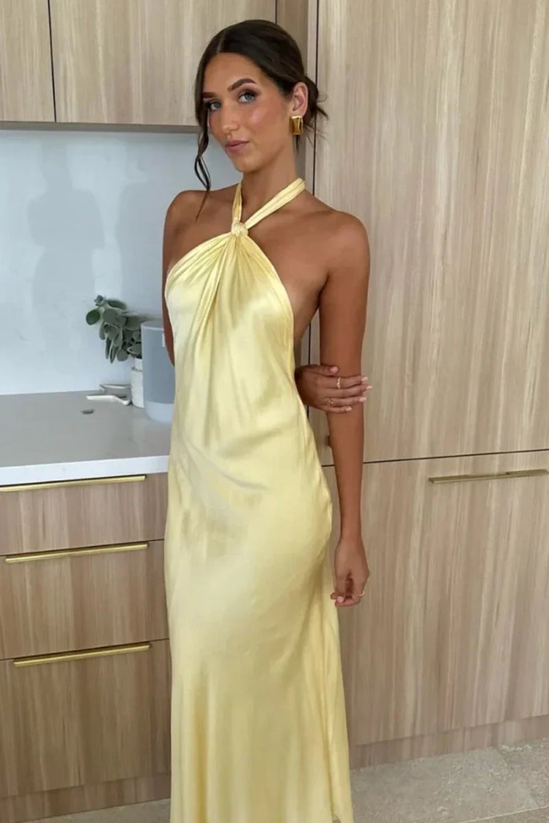 Yellow Halter Sheath Satin Backless Long Mermaid Prom Dress