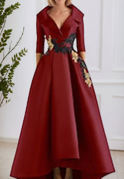 V Neck Pocket Satin with Beading Appliques A Line Formal Evening Dress