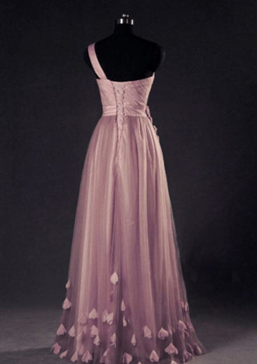 Dusty Rose Tulle A-Line One-Shoulder Floor-Length Tulle Prom Dresses With 3D Flowers Customized