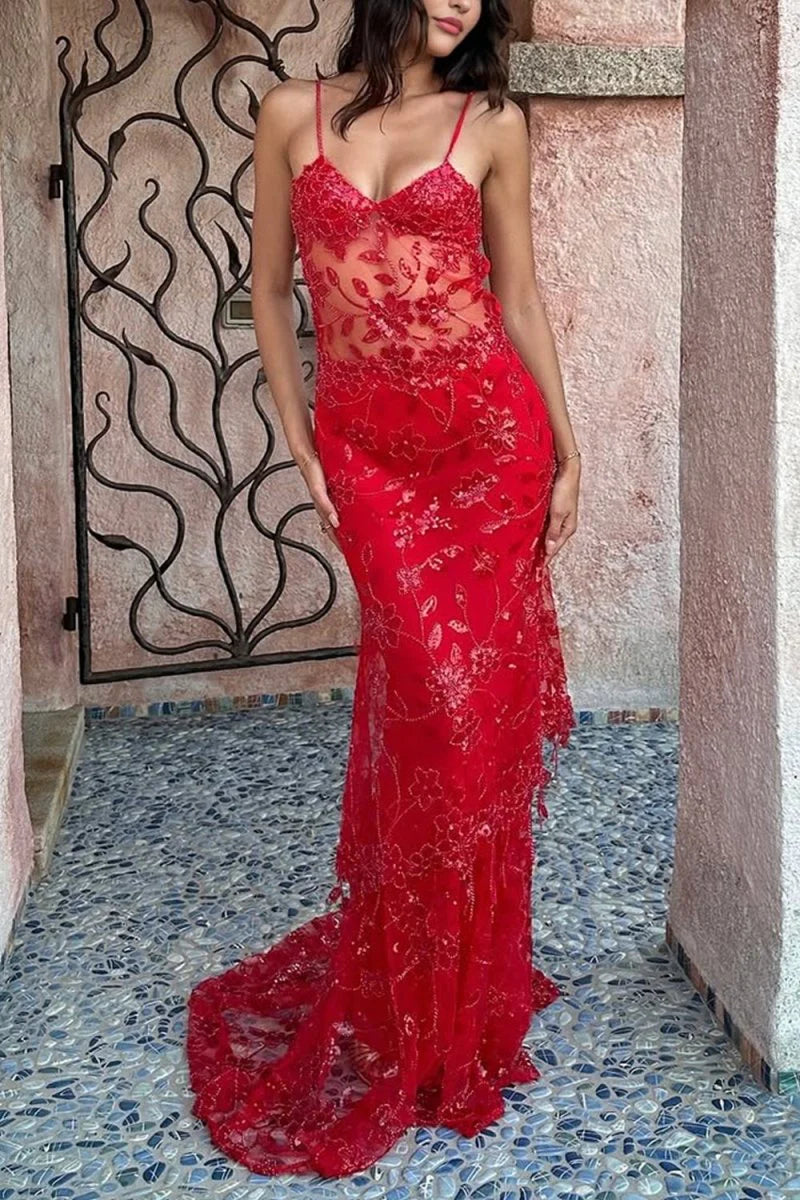 Red Spaghetti Straps Sequined Lace Long Formal Mermaid Prom Dress