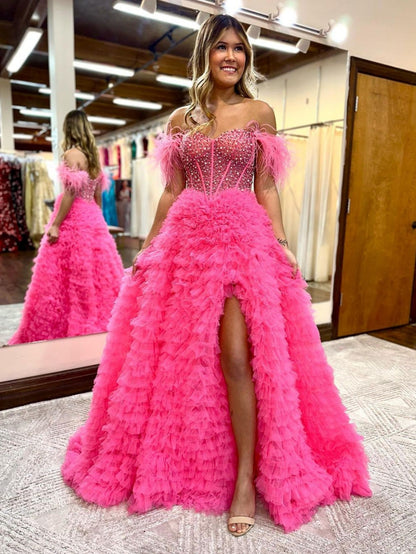 Roycebridal Astrid |A Line Off the Shoulder Tiered Tulle Prom Dress With Slit