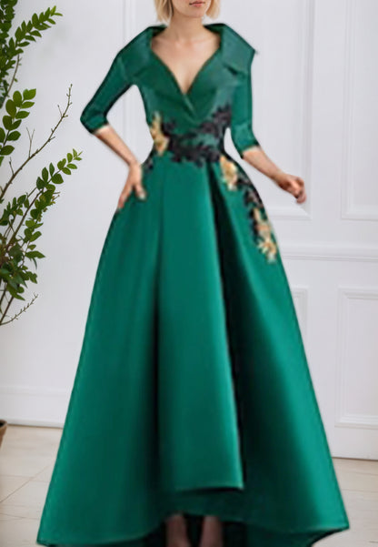 V Neck Pocket Satin with Beading Appliques A Line Formal Evening Dress