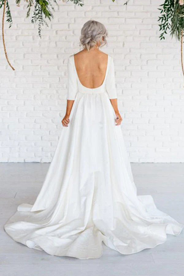 Ivory Simple Long Sleeve Open Back Satin A-Line Wedding Dress Customized