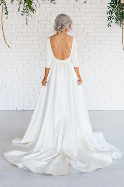 Ivory Simple Long Sleeve Open Back Satin A-Line Wedding Dress Customized