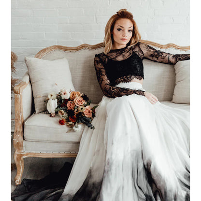O Neck Long Sleeve Lace Top Bow Back A Line Gothic Black Wedding Dress