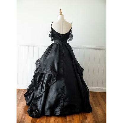 Sexy V Neck Spaghetti Straps Off the Shoulder Lace A Line Gothic Black Wedding Dress