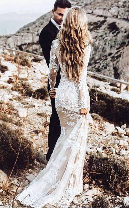 Country Lace O Neck Long Sleeve Mermaid Wedding Dress Custom Made Customized