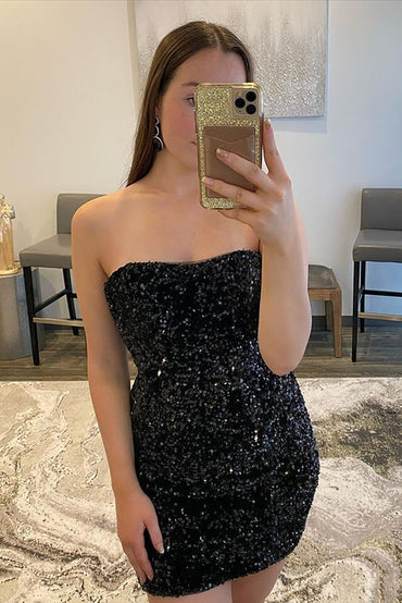 Robe de soirée courte à paillettes bleues scintillantes sans bretelles 
