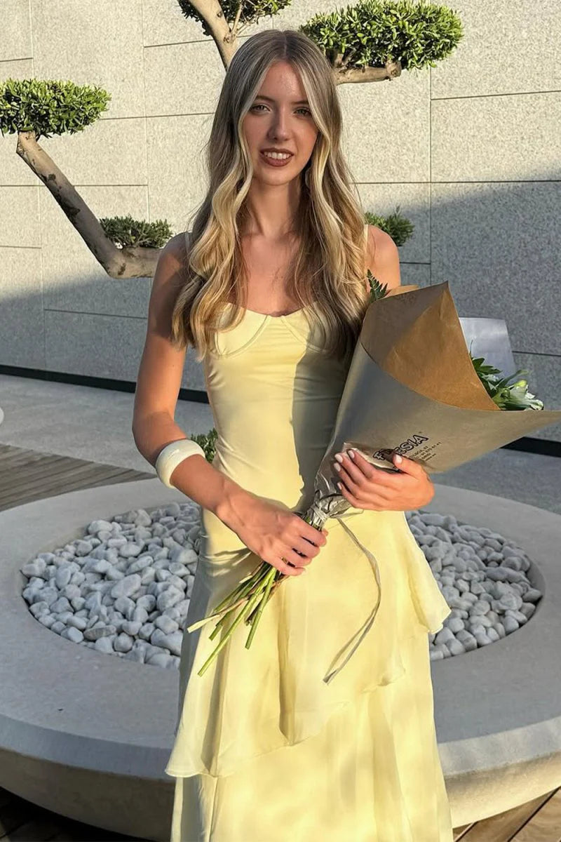 Yellow Spaghetti Straps Chiffon Sheath With Ruffles Long Formal A Line Prom Dress
