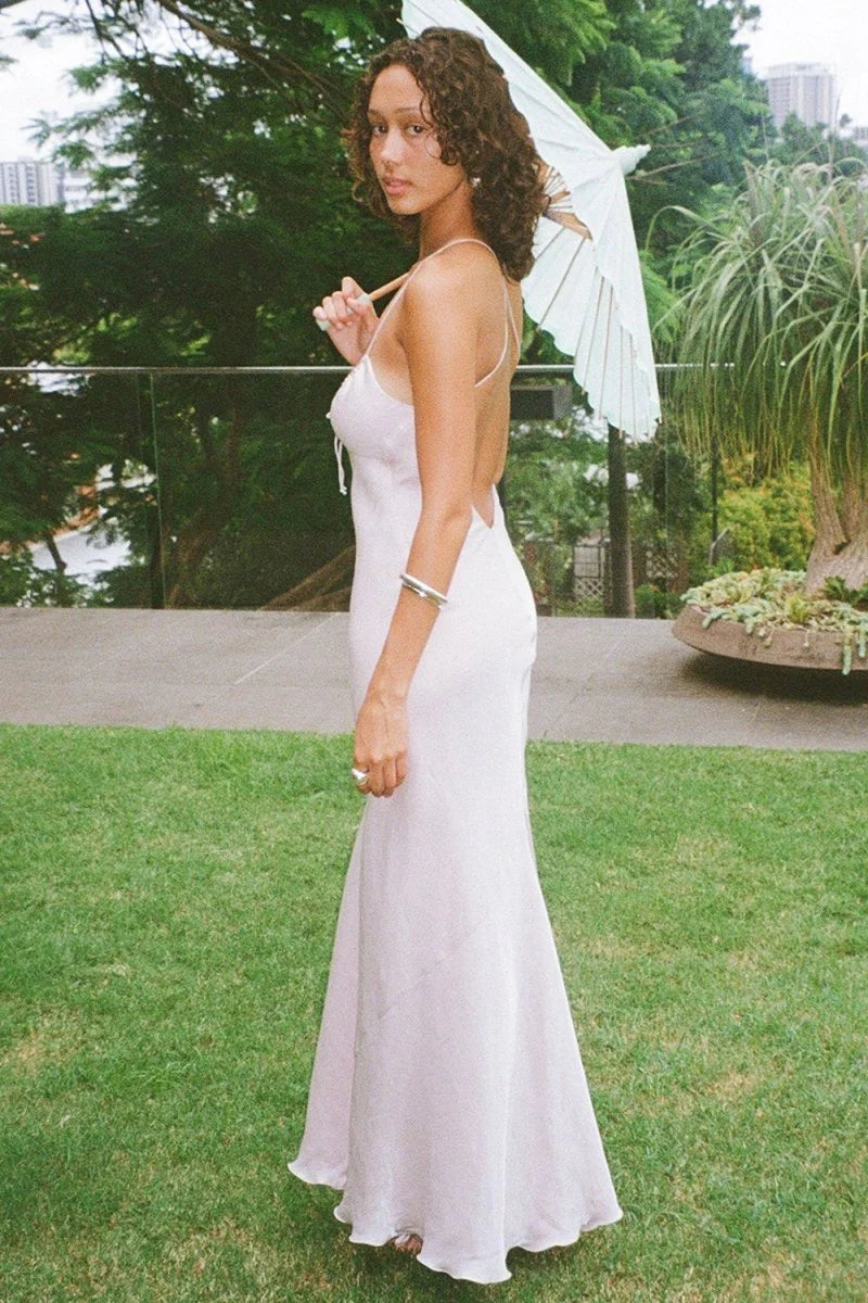 Pink Spaghetti Straps Satin Sheath Backless Long Mermaid Prom Dress