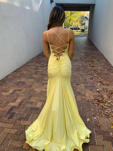 Yellow Split V Neck Satin Long Mermaid Prom Dress
