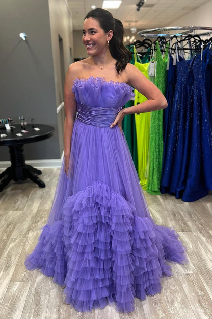 Roycebridal Alani |A-Line Strapless Pink Tiered Long Tulle Prom Dress