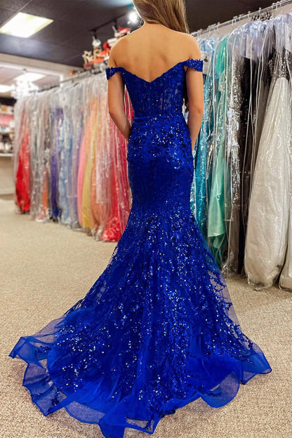 Roycebridal Soleil | Gold Sequin Lace Off the Shoulder Mermaid Prom Dress