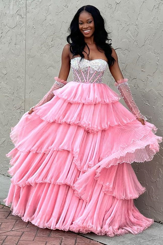 Roycebridal Lana |A-line Sweetheart Tiered Organza Prom Dress with Detachable Sleeves