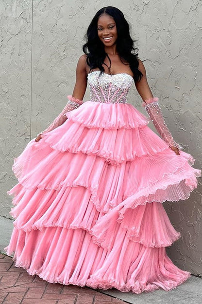 Roycebridal Lana |A-line Sweetheart Tiered Organza Prom Dress with Detachable Sleeves