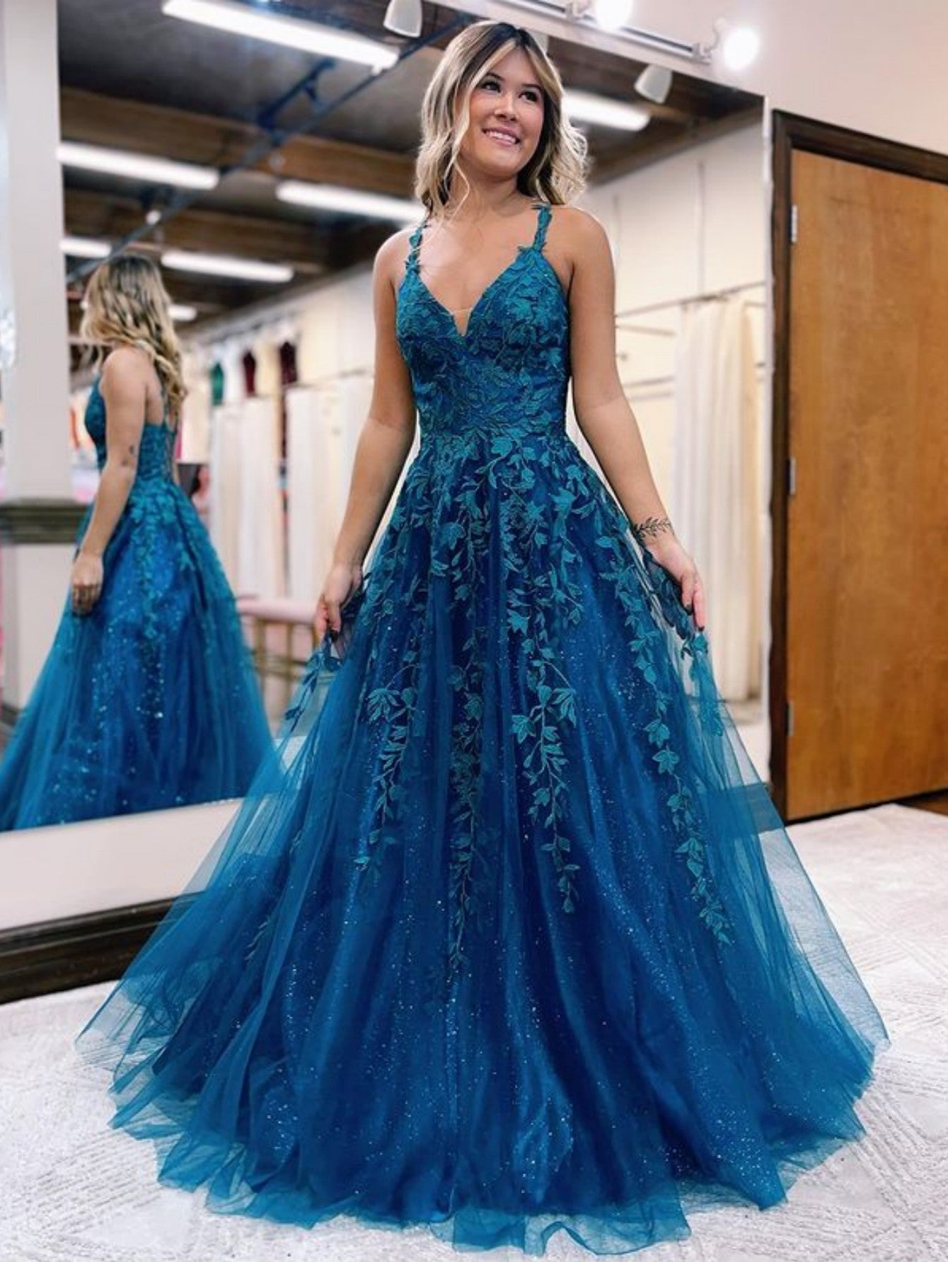 Roycebridal Veronica |A Line Ink Blue Glitter Tulle Lace Prom