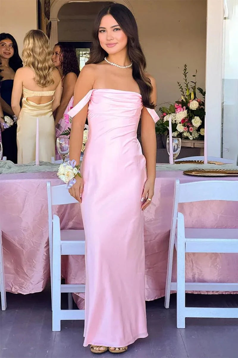 Pink Off The Shoulder Sheath Satin Long Mermaid Prom Dress