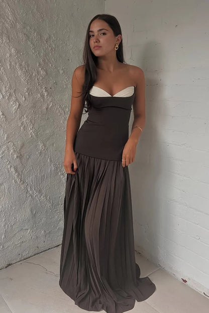 Brown Strapless Sheath Chiffon Pleated Long A Line Prom Dress