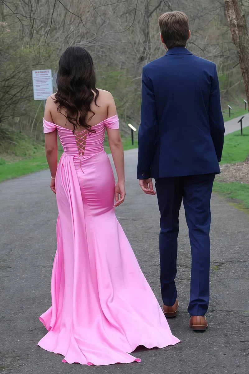 Pink Slit Off The Shoulder Satin Beaded Long Mermaid Prom Dress