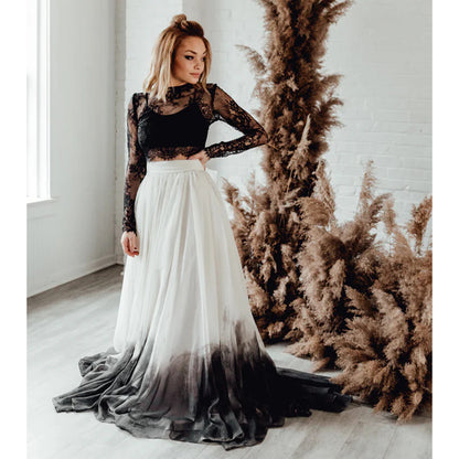 O Neck Long Sleeve Lace Top Bow Back A Line Gothic Black Wedding Dress