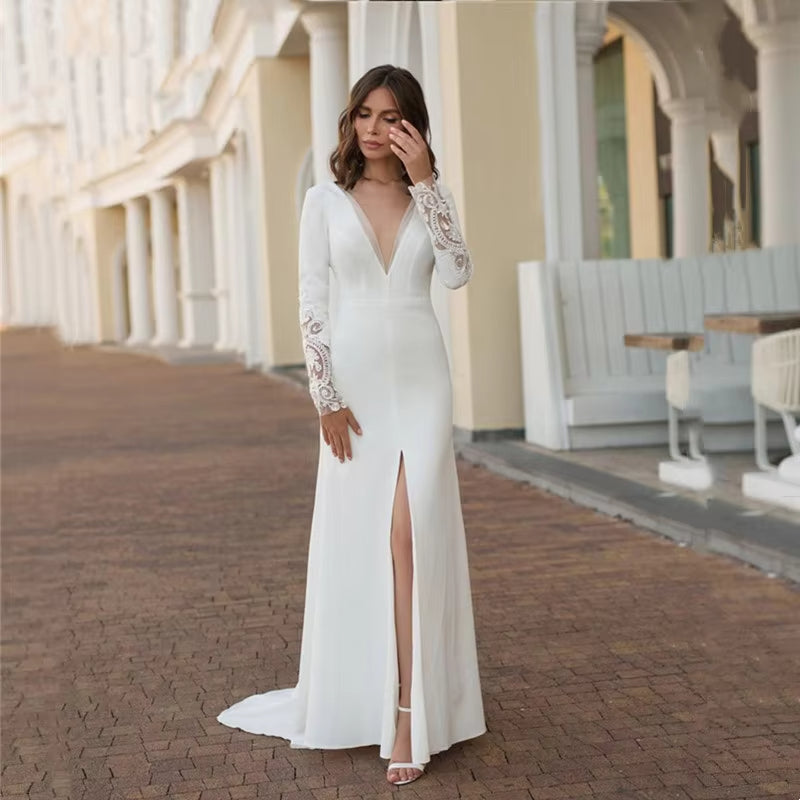 Ivory Slit Lace Long Sleeve Satin Mermaid Wedding Dress Customized