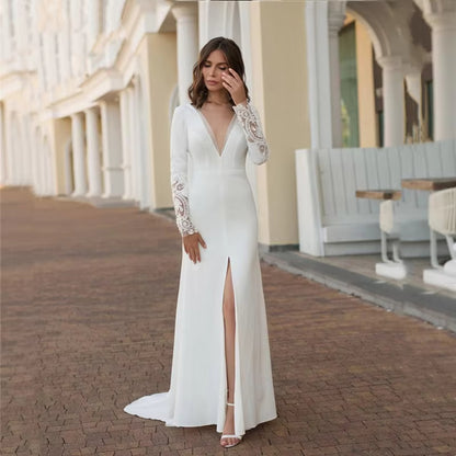 Ivory Slit Lace Long Sleeve Satin Mermaid Wedding Dress Customized