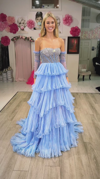 Roycebridal Lana |A-line Sweetheart Tiered Organza Prom Dress with Detachable Sleeves