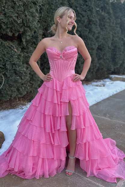 Pink Sweetheart Chiffon Ruffled With Beading Long Formal A Line Prom Dress