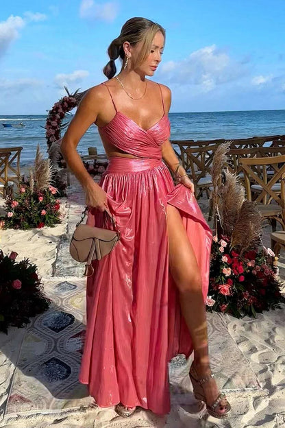 Hot Pink V Neck Metallic With Cut Out Satin Long A Line Prom Dress