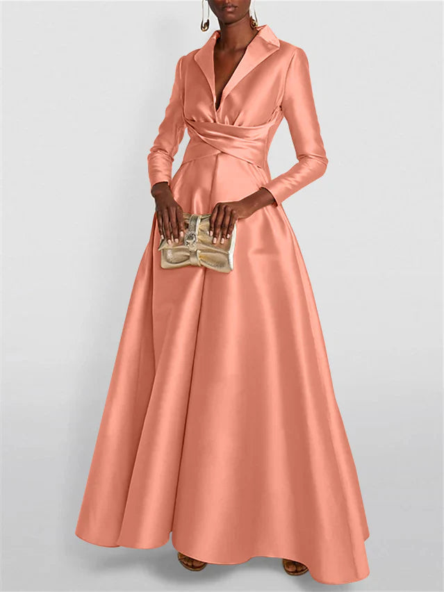 Long Sleeves V Neck Floor-length A Line Evening Dress