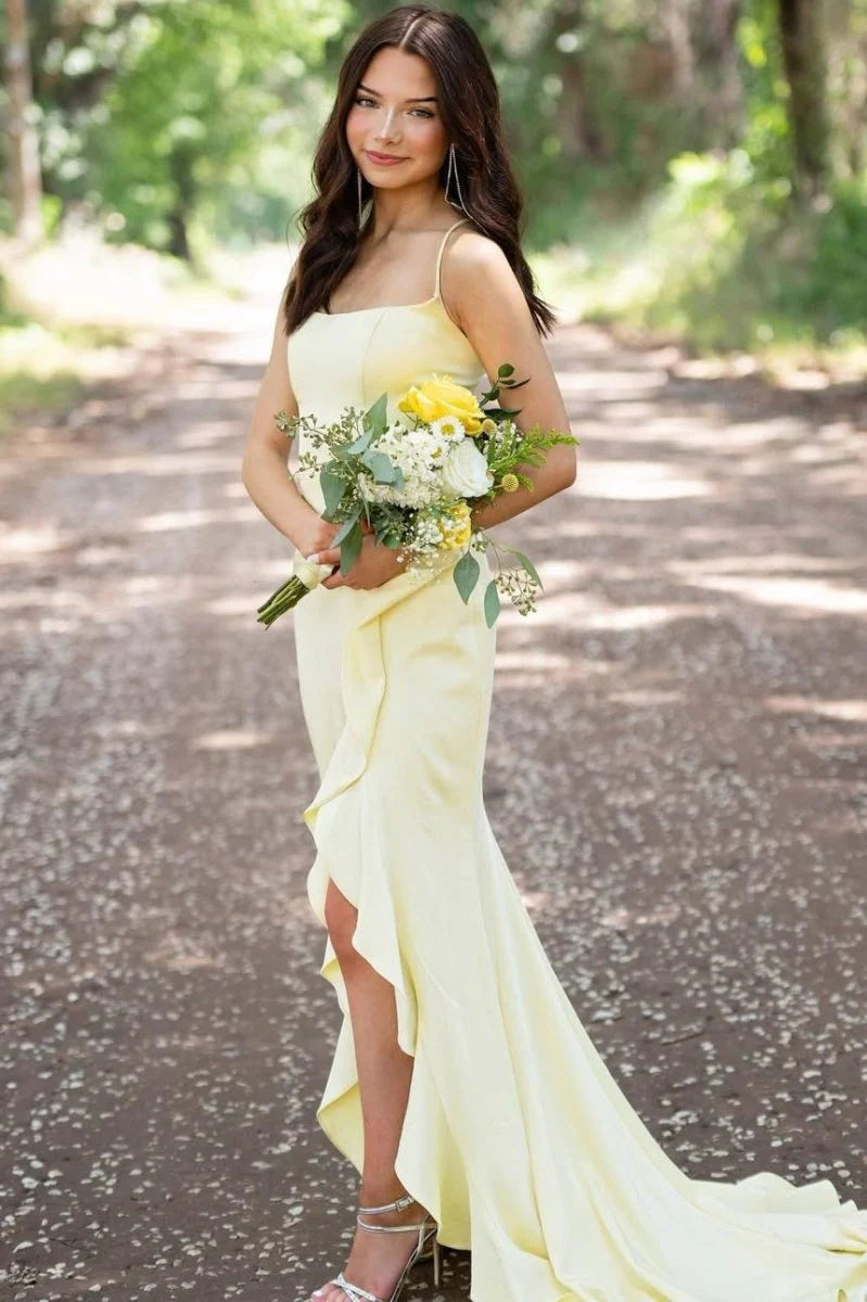 Yellow Spaghetti Straps Satin Formal Mermaid Prom Dress