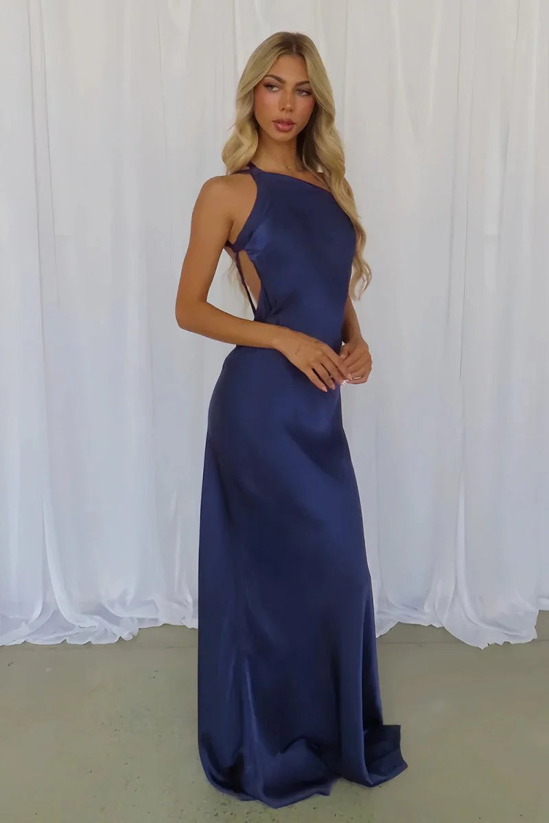 Navy Blue One Shoulder Sheath Satin Backless Long Mermaid Prom Dress