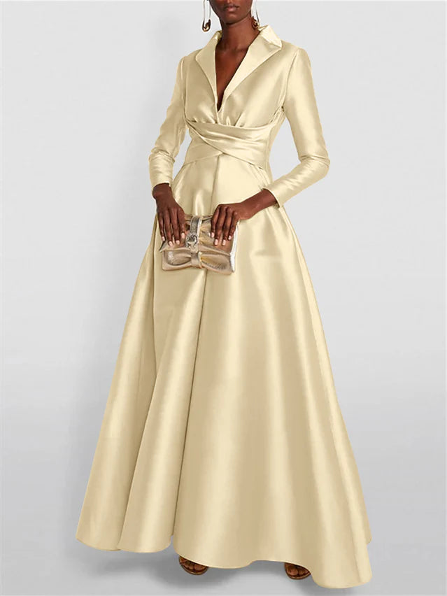 Long Sleeves V Neck Floor-length A Line Evening Dress
